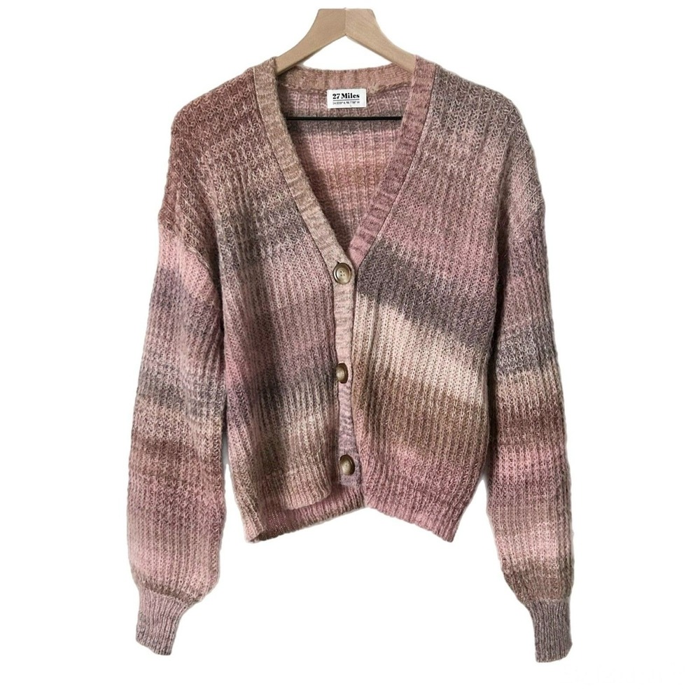 27 Miles Leda Cardigan Alpaca Wool Blend Fantasy Pink Ombre V-Neck Chunky XS